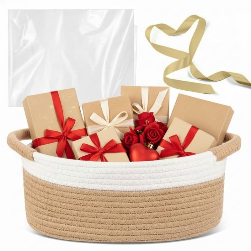 Colingmill Valentine's Day Woven Gift Basket with Gift Bags and Ribbons 12"x8"x5" Empty Cotton Rope Storage Basket for Birthdays, Baby Showers, Wedding DIY Presents(White,Coffee) - Image 1